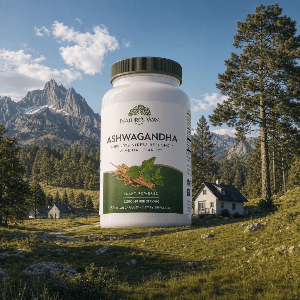 Oversized supplement bottle standing in peaceful natural landscape with mountains and trees, scale comparison with house