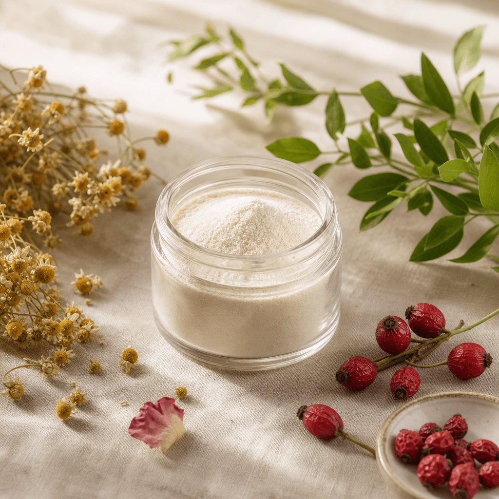 Glass jar of collagen powder surrounded by fresh botanicals — dried chamomile clusters, rosehip berries, green sprigs —