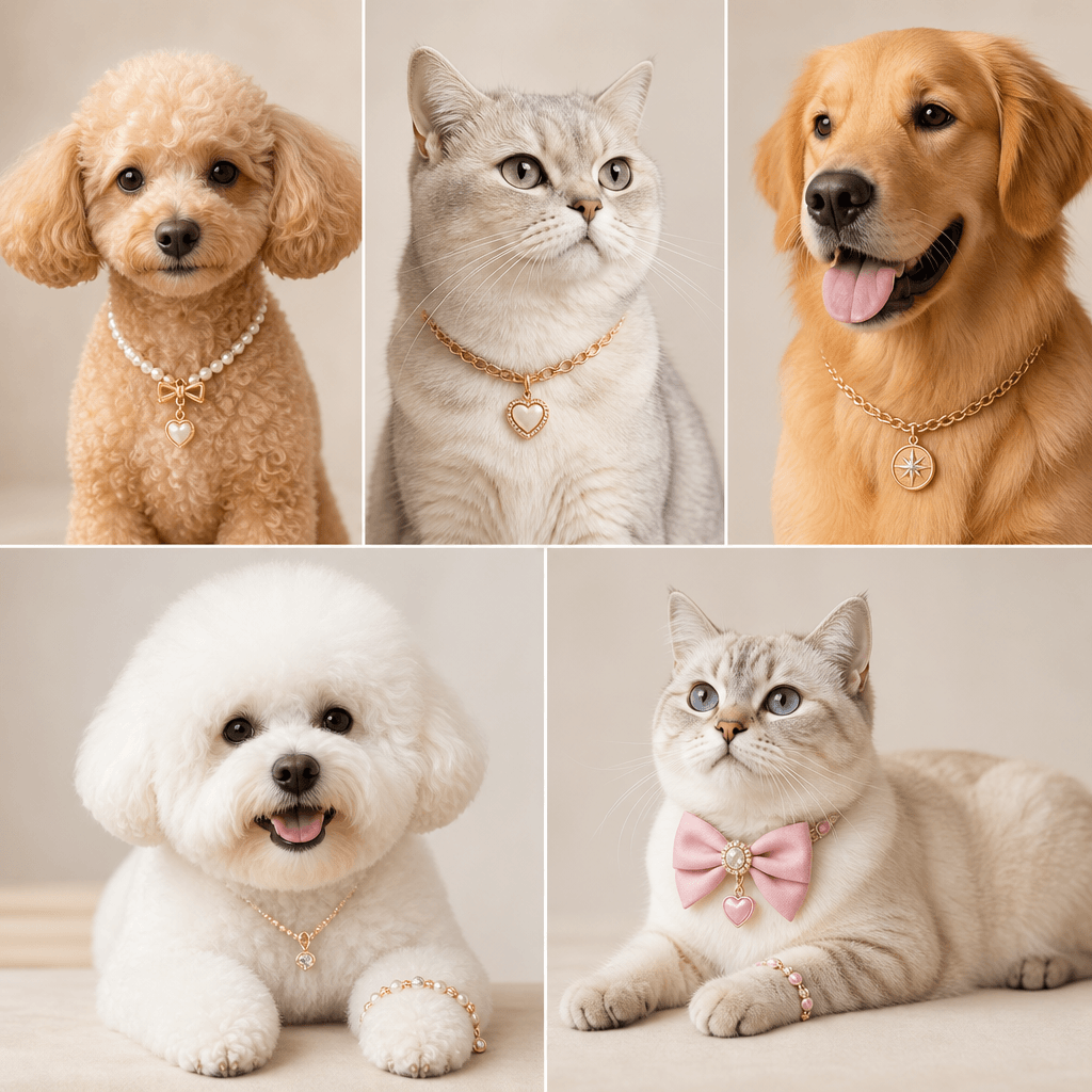Multiple jewelry pieces on different cute pets, professional catalog styling, consistent studio lighting, ecommerce pres