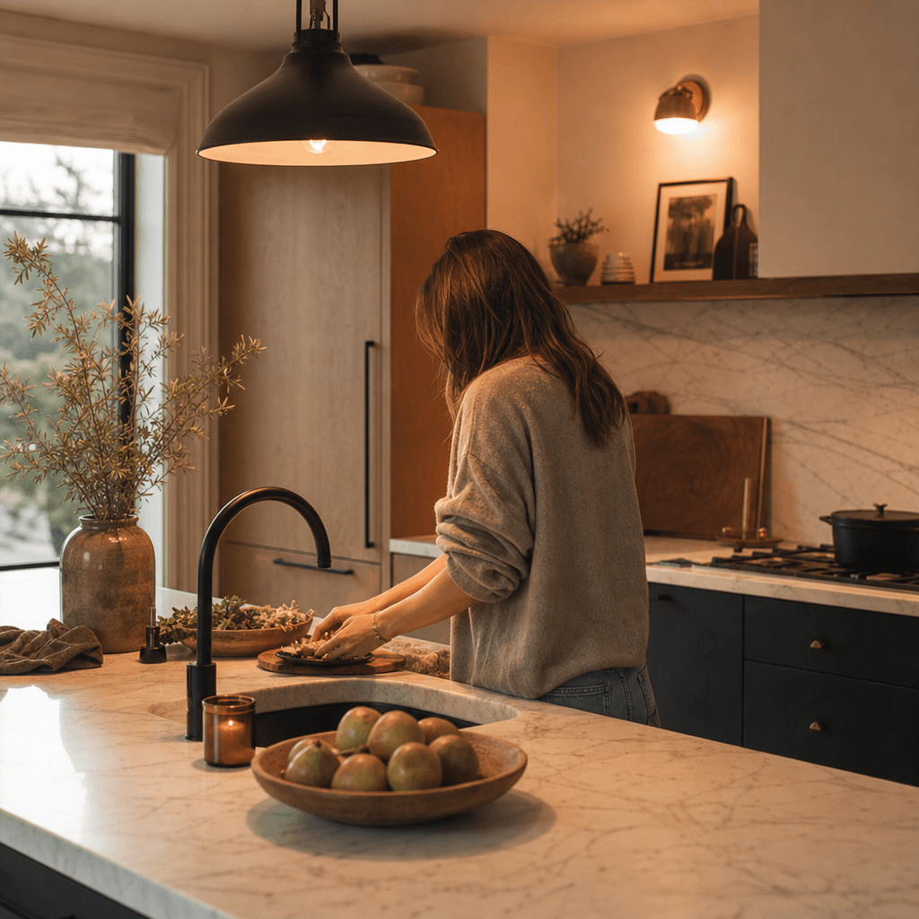 Minimalist kitchen interior at golden hour. A person in casual attire leans naturally over a marble countertop, hands at