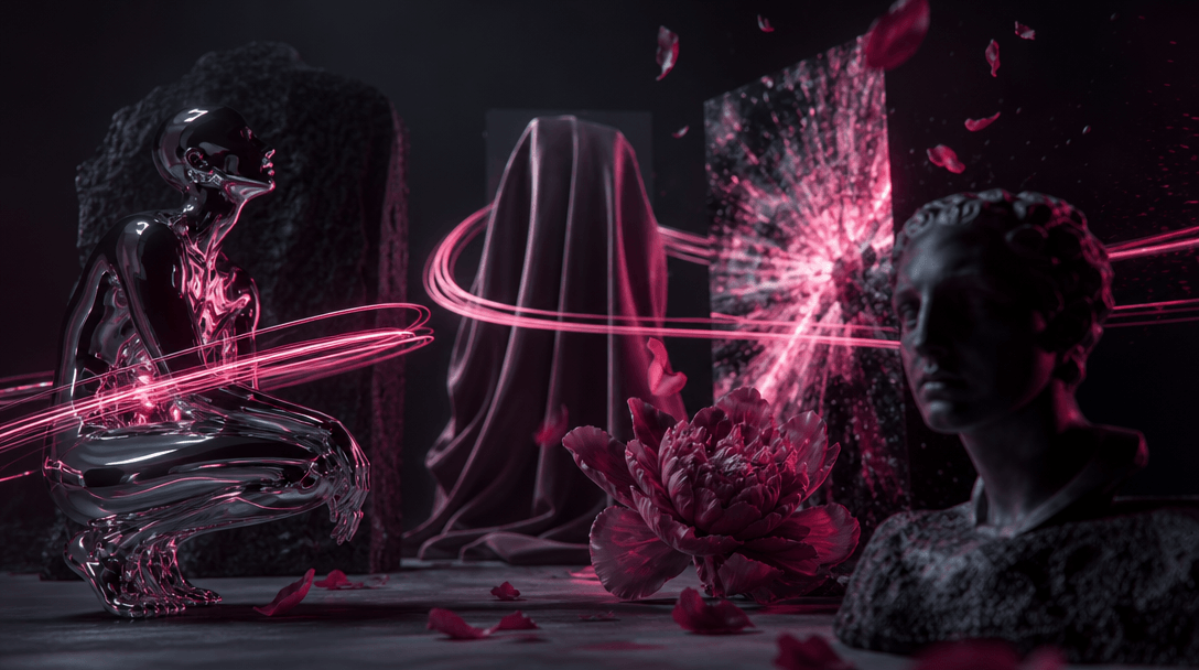 Several distinct cinematic materials converging in one dark studio landscape: polished chrome, soft fabric, flower petal