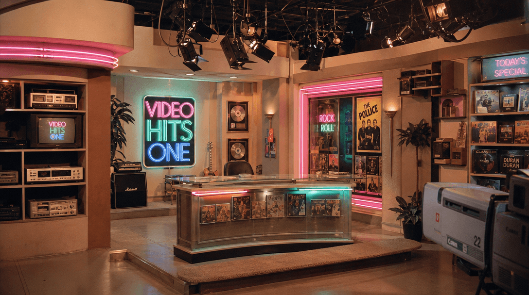 Authentic 1980s television studio set with warm beige walls, teal and hot pink neon accents, glass merchandise desk, pro