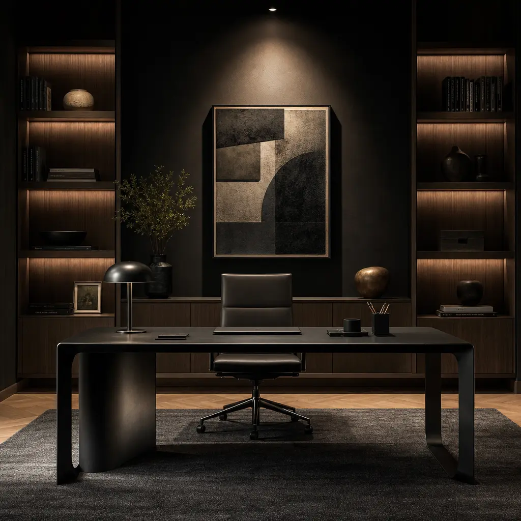 Contemporary home office with dark charcoal walls, integrated wood shelving, and a statement desk in brushed black metal