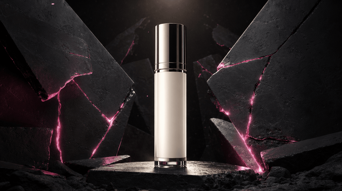 A pristine cosmetic bottle standing against fractured black stone panels that angle inward like criticism being redirect