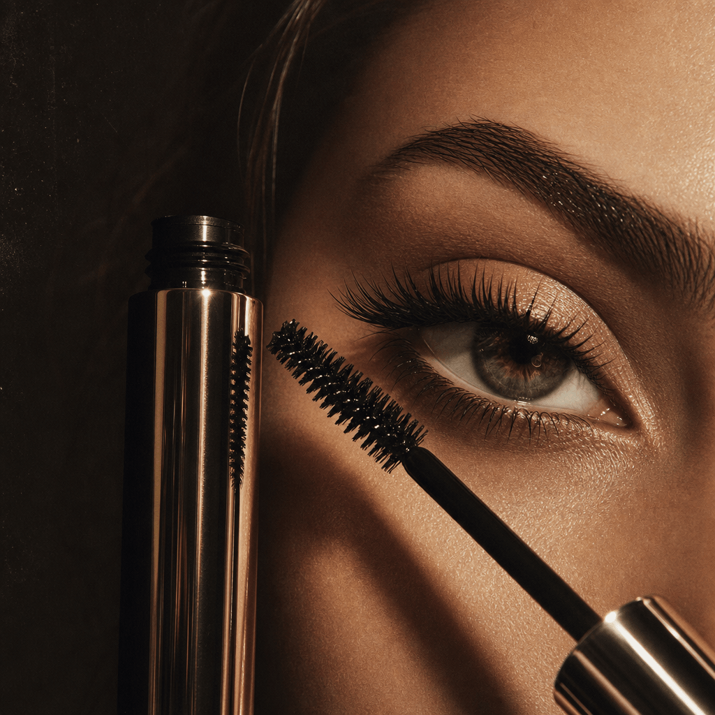 Macro beauty advertising image of a metallic mascara tube and applicator near an anonymous model's eye, precise product