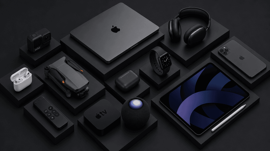 Modern tech product showcase in isometric stacked arrangement with minimal spacing and geometric shadows on dark