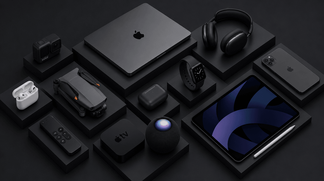 Modern tech product showcase in isometric stacked arrangement with minimal spacing and geometric shadows on dark
