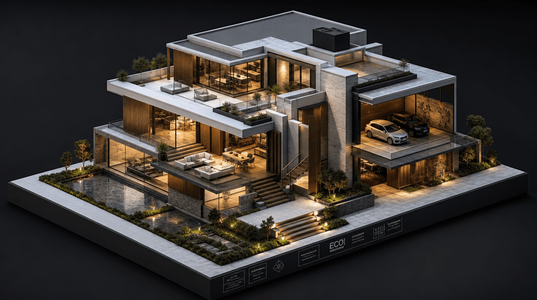 Detailed architectural model in isometric perspective with dramatic directional lighting emphasizing dimensional form. R