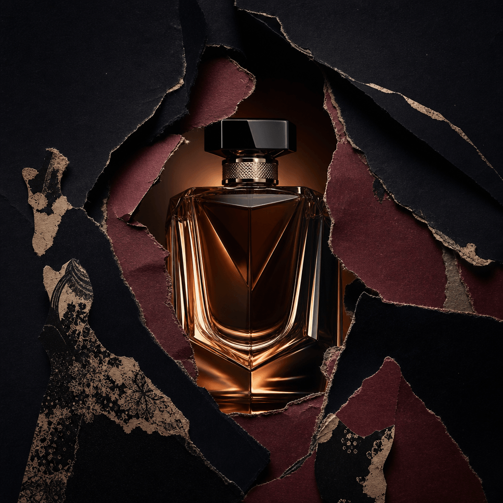 A luxury perfume bottle emerging through torn black and burgundy paper layers, sharp irregular openings framing the glas