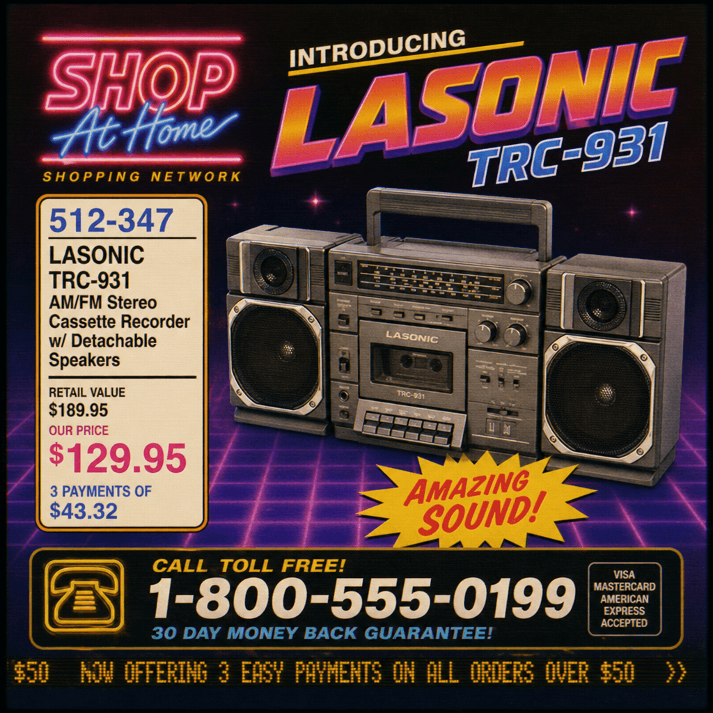 Vibrant 1980s-style graphics and typography with product images, shopping network scrolling text effects, glowing neon a