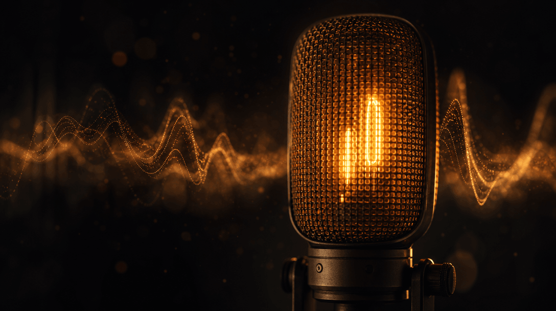 Abstract cinematic still representing voiceover storytelling: extreme close-up of a vintage microphone capsule with a wa
