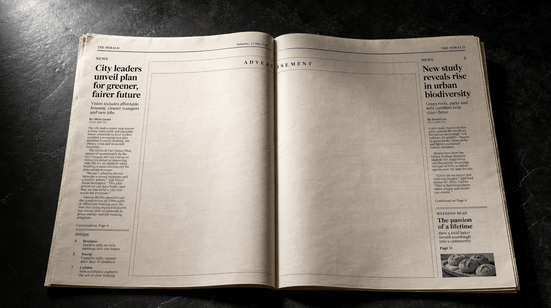 An open broadsheet newspaper laid flat on a dark polished slate surface. The center spread open to a clean editorial pro