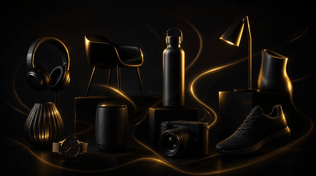 Abstract visualization of multiple product silhouettes arranged in a dark editorial composition, subtle light trails and