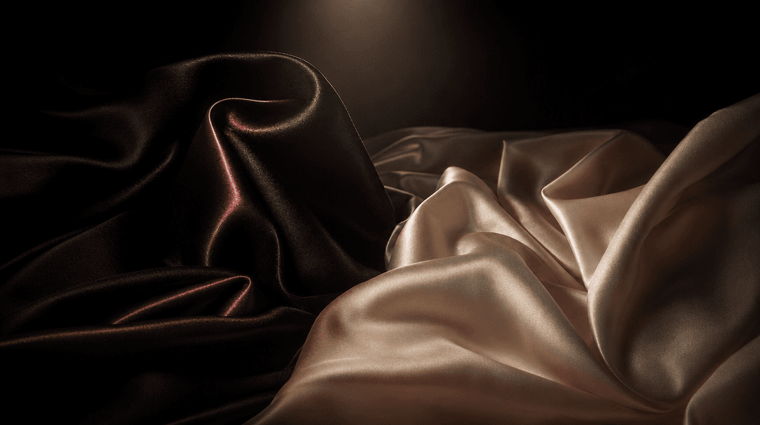Premium black satin and warm ivory fabric folding together under a narrow studio spotlight, subtle rose-colored reflecti