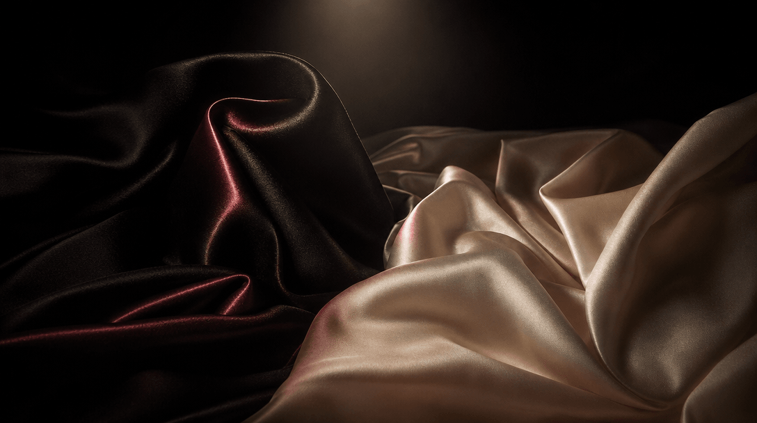 Premium black satin and warm ivory fabric folding together under a narrow studio spotlight, subtle rose-colored reflecti