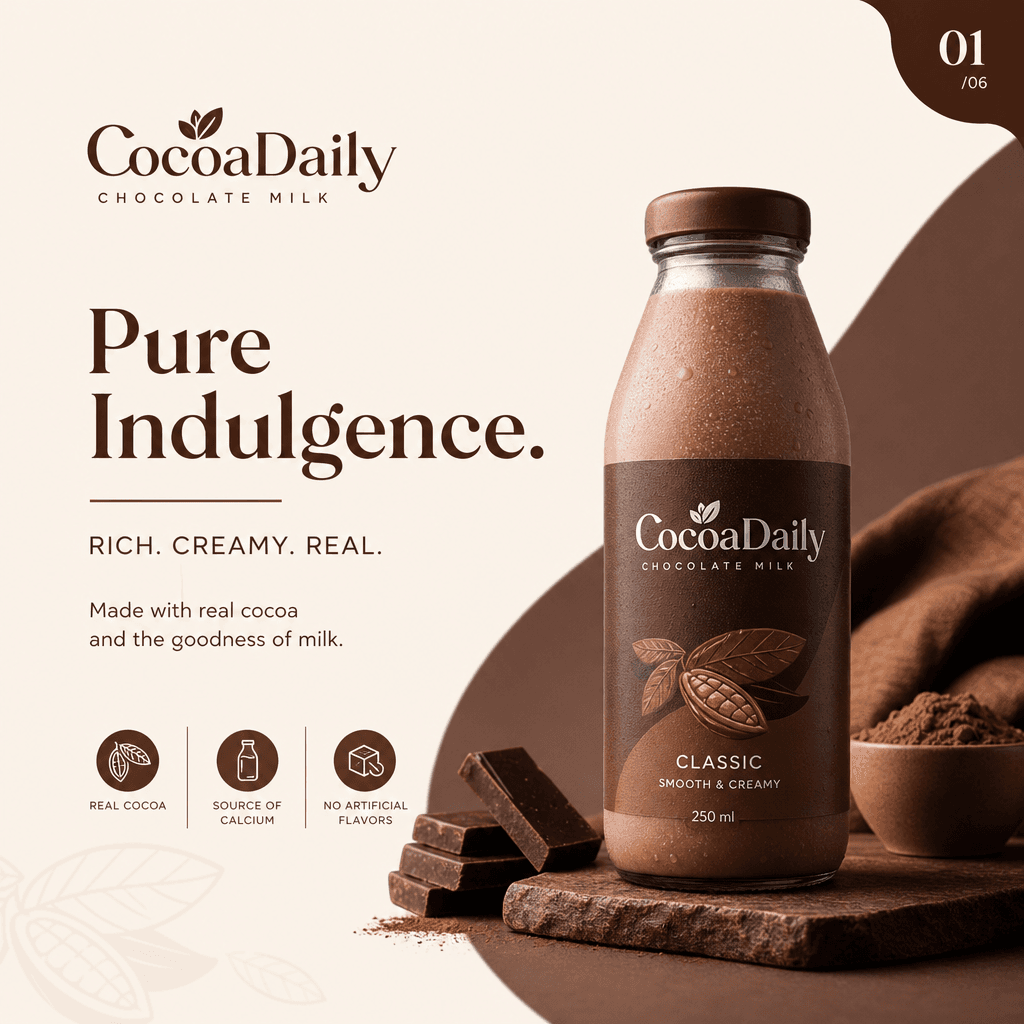 Instagram carousel card design featuring beverage or food product. Slide 1 shows product hero shot, clean minimal design