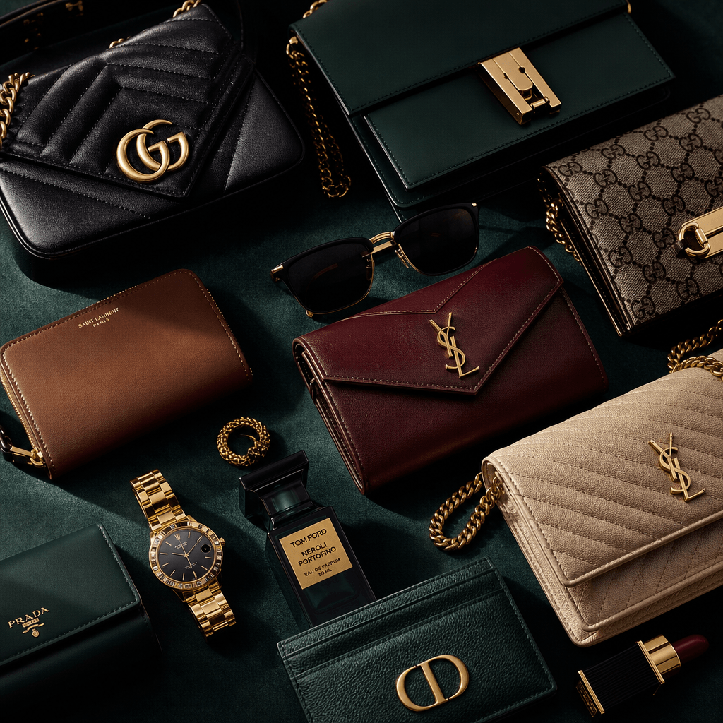 Premium luxury accessories still-life. Designer bags, leather goods, and fashion accessories arranged in sophisticated p