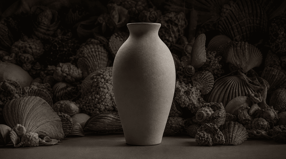 A single matte ceramic object standing clearly against an intricate field of shells, demonstrating strong visual hierarc