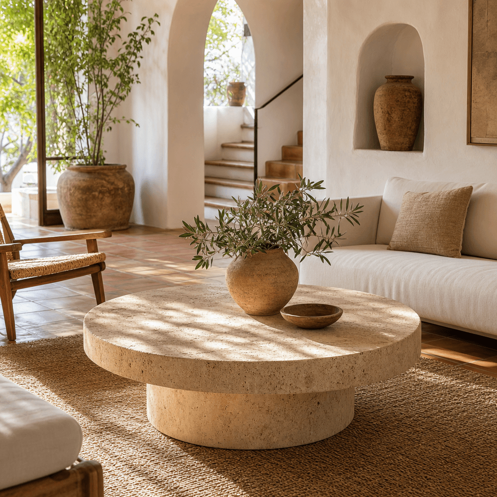A round travertine coffee table placed in a sun-drenched Mediterranean living room. White plaster walls, terracotta floo