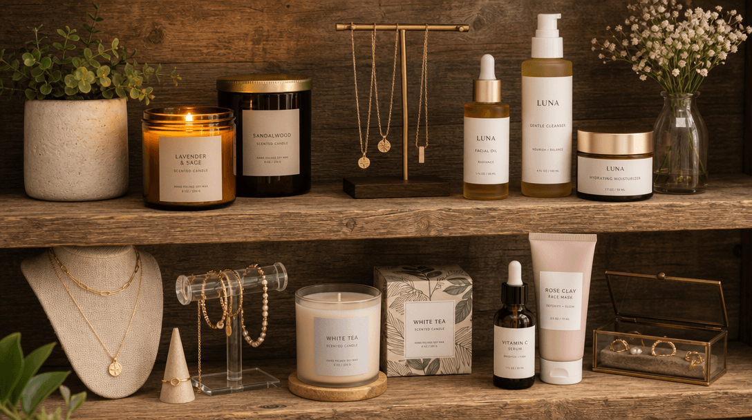 Multiple products of different sizes arranged on rustic wooden shelf—jewelry, cosmetics, candles. Professional product c