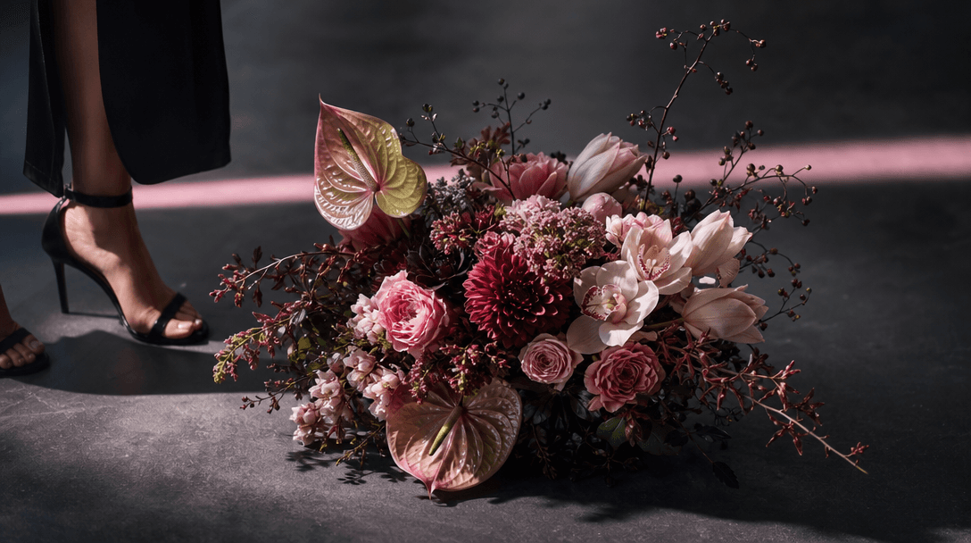 A finished floral marketing scene prepared like a premium campaign still: sculptural bouquet centered on charcoal paveme