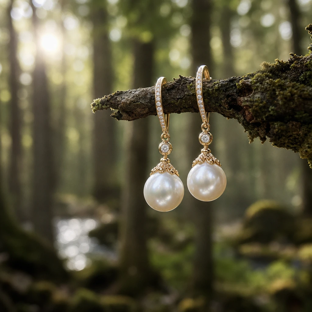 Pearl earrings hanging elegantly from tree branch, forest backdrop, editorial jewelry shot, sharp focus on pearls, blurr
