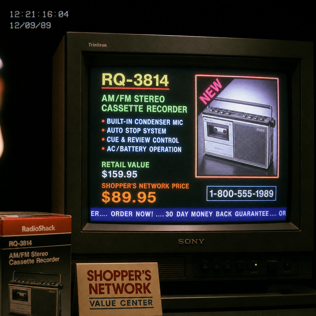 Glowing vintage CRT television screen displaying product information in bright neon text, shopping network price ticker