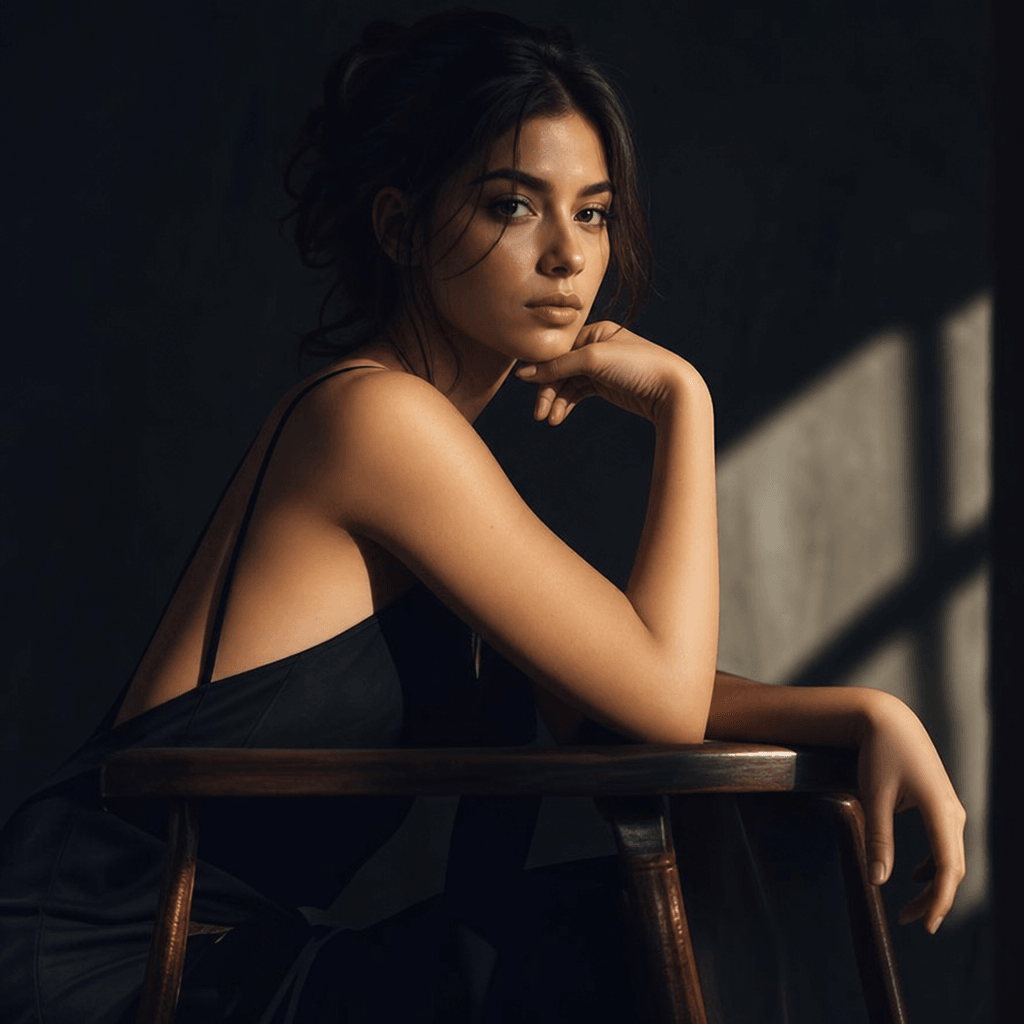 Editorial portrait pose three, varied composition, dramatic lighting, professional portrait photography, side angle