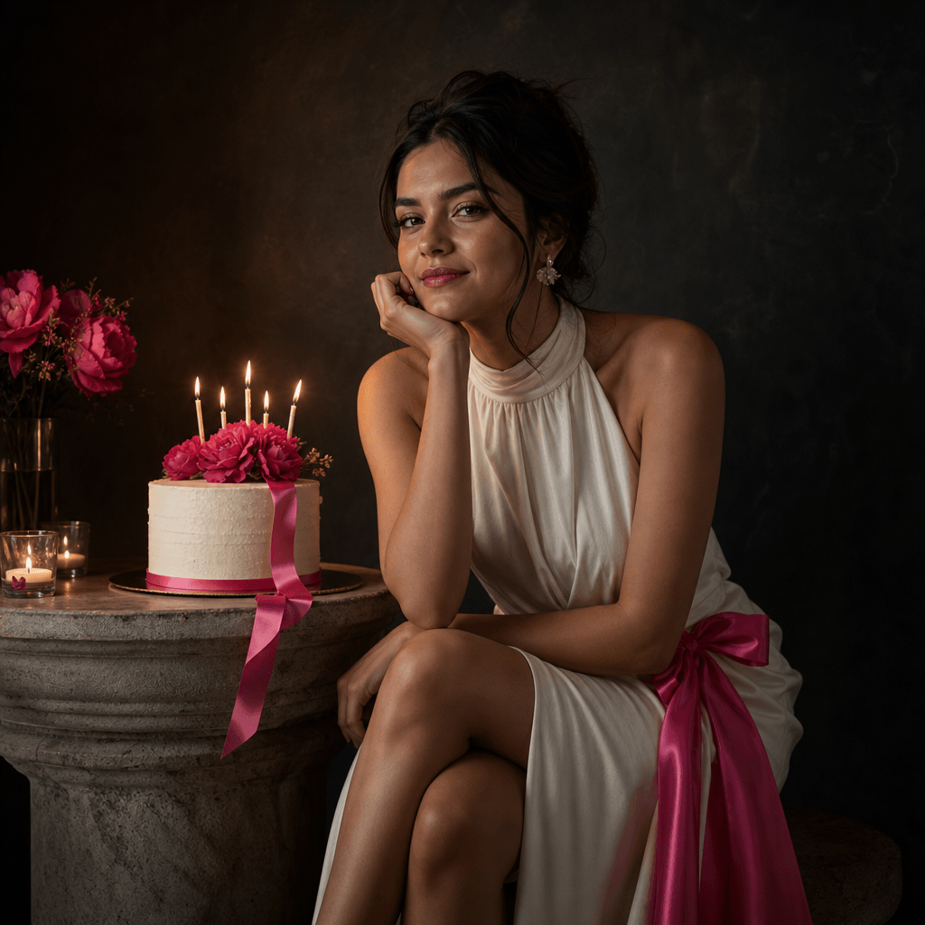 A refined birthday portrait with a seated subject in an elegant dark studio, a small candlelit cake on a stone pedestal,