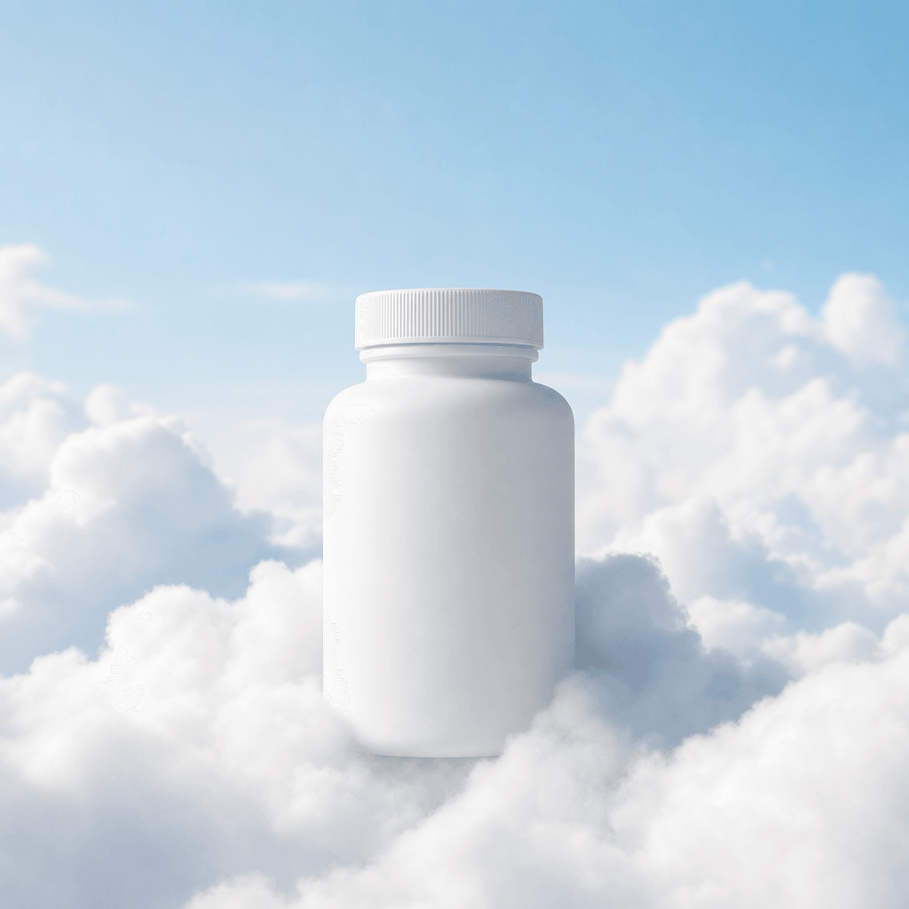 Clean wellness product photograph: a matte white supplement bottle at cloud level surrounded by soft cotton-like cumulus