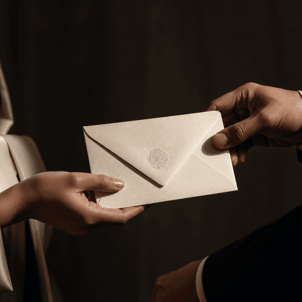 Close-up of a premium cream envelope being passed smoothly between two pairs of elegantly dressed hands, deep dark neutr