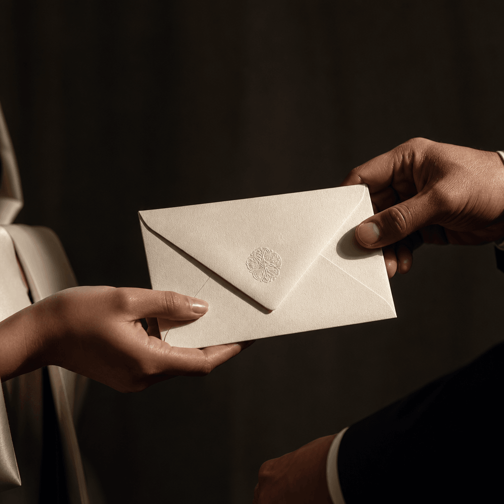 Close-up of a premium cream envelope being passed smoothly between two pairs of elegantly dressed hands, deep dark neutr