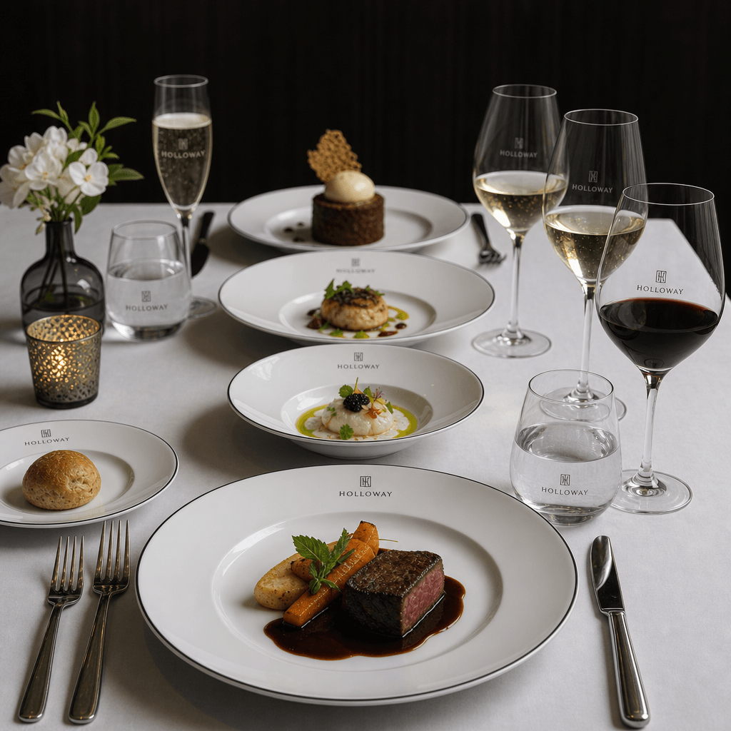 Multi-course table setting with branded dishware progression, white linens, multiple glasses, dark background, fine dini