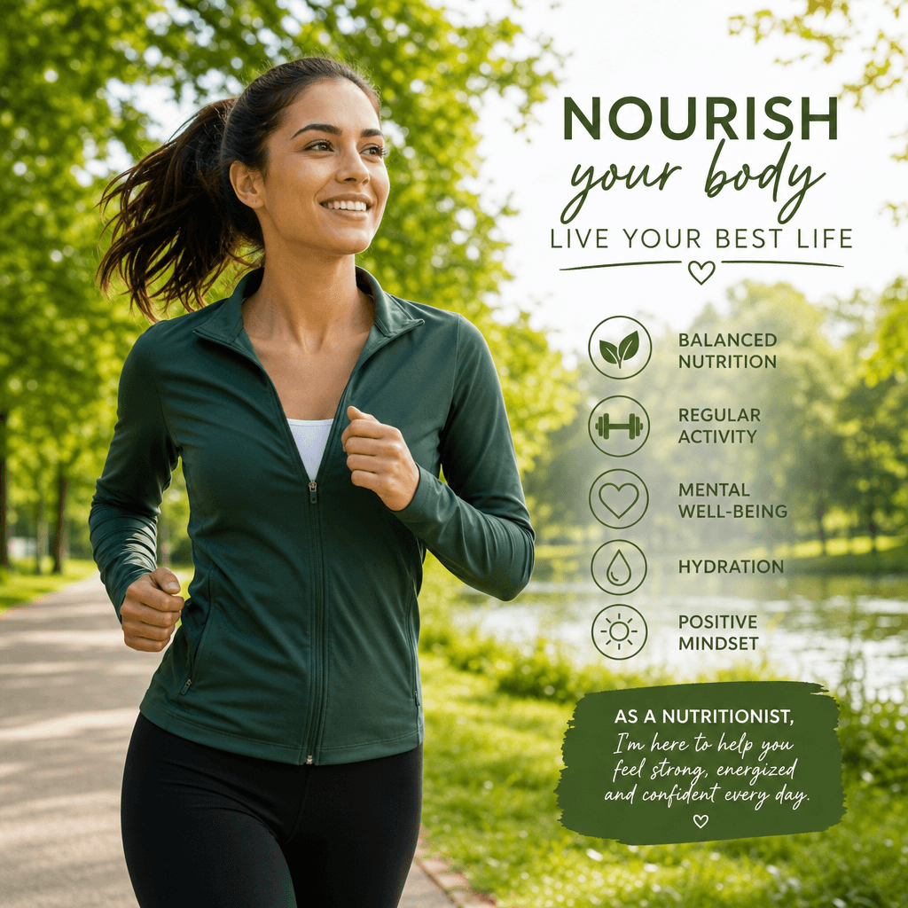 A lifestyle image of a nutritionist jogging in a park, promoting an active and healthy lifestyle, with a focus on nature