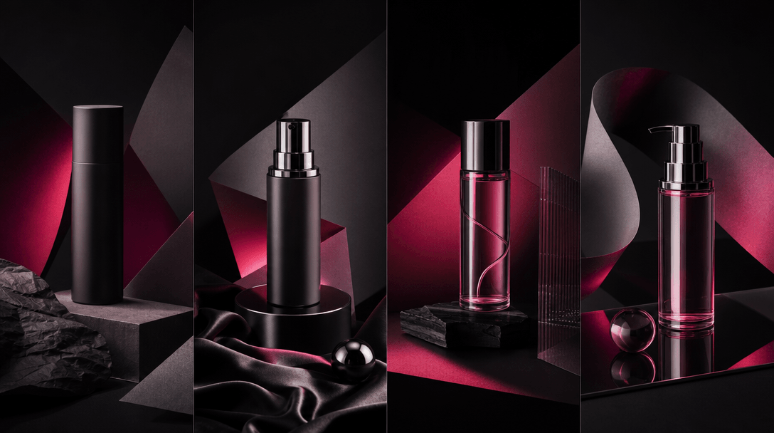 Four coordinated product stages arranged as a rhythmic visual series, each using the same dark background, sculptural ge