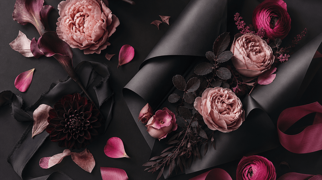 Wide atmospheric brand scene with petals, silk ribbon, matte wrapping paper, and sculptural flowers arranged as a sophis