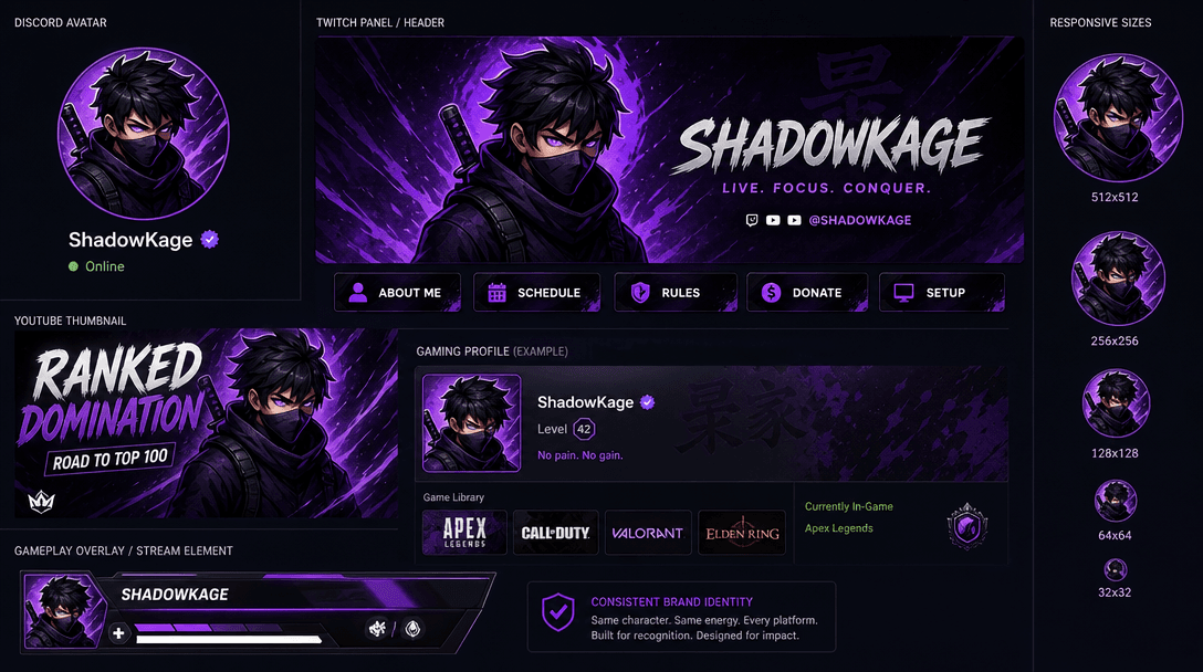 Multiple screen contexts showing avatar. Same game portrait as Discord avatar, Twitch panel, YouTube thumbnail, gaming p