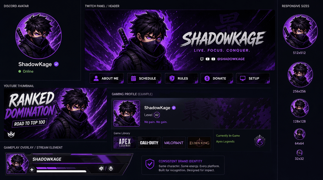 Multiple screen contexts showing avatar. Same game portrait as Discord avatar, Twitch panel, YouTube thumbnail, gaming p