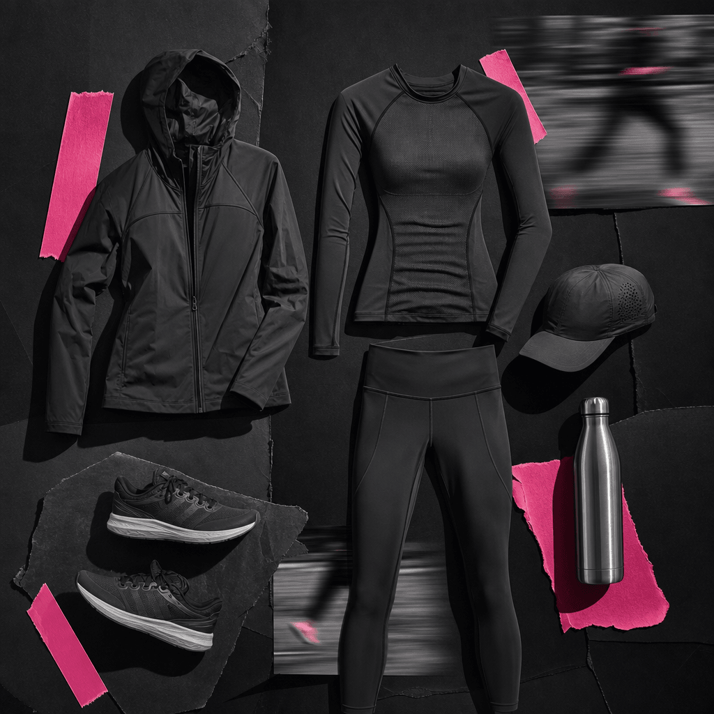Minimal sportswear outfit presented as a graphic scrapbook board, including technical jacket, fitted top, leggings, runn