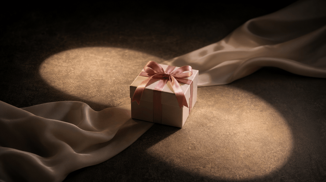Two softly overlapping pools of warm light meet around a small gift box on a dark textured surface, suggesting care, tru