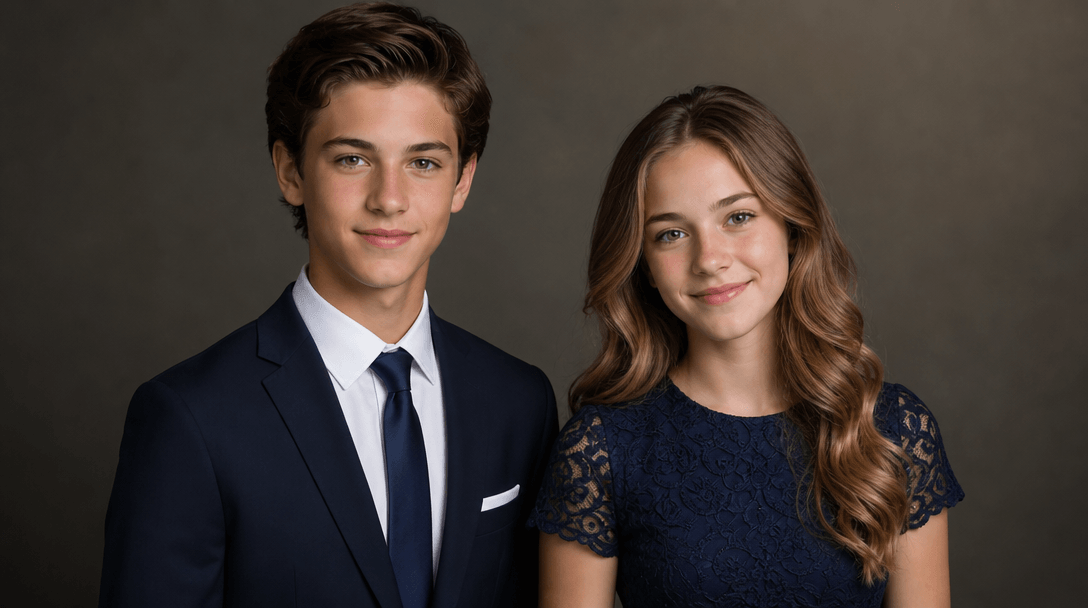 Professional portrait studio setup: Perfect three-point lighting, soft backdrop, children's faces naturally matured and