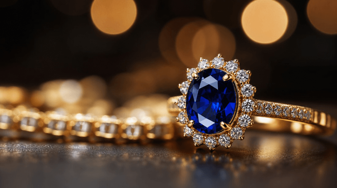 Luxury product showcase abstract: premium jewelry material close-up with bokeh background lights, warm spotlights creati