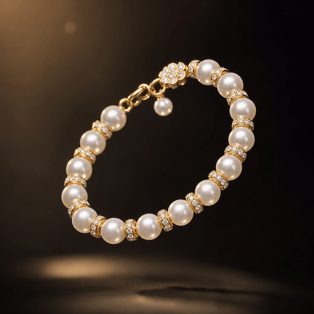 Premium pearl bracelet suspended mid-air with soft rotation, warm studio spotlights creating pearl luster highlights, mi