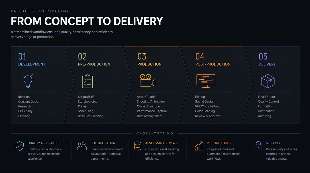 Production pipeline aesthetic. Clean organized grid structure with professional typography and layout suggestions. Dark