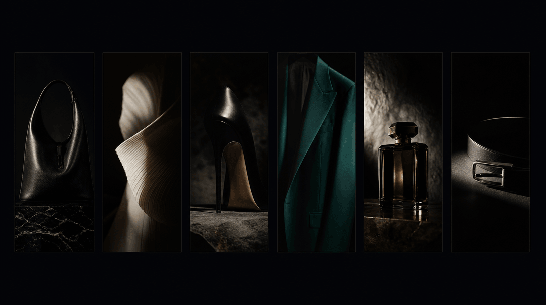 Abstract cinematic scene suggesting a complete editorial set: six narrow dark frames arranged in a subtle film-strip geo