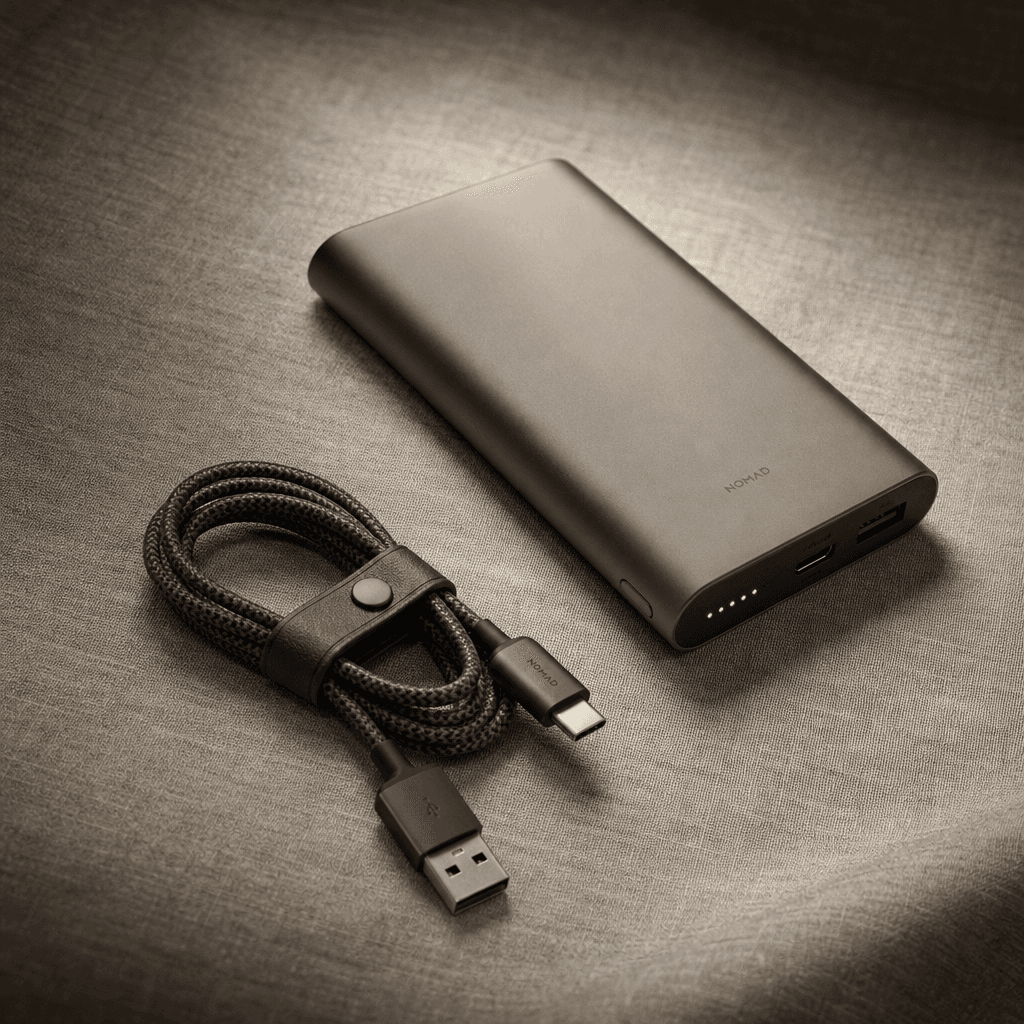 A portable power bank and braided cable on a textured linen surface, diffused overhead studio light creating soft direct