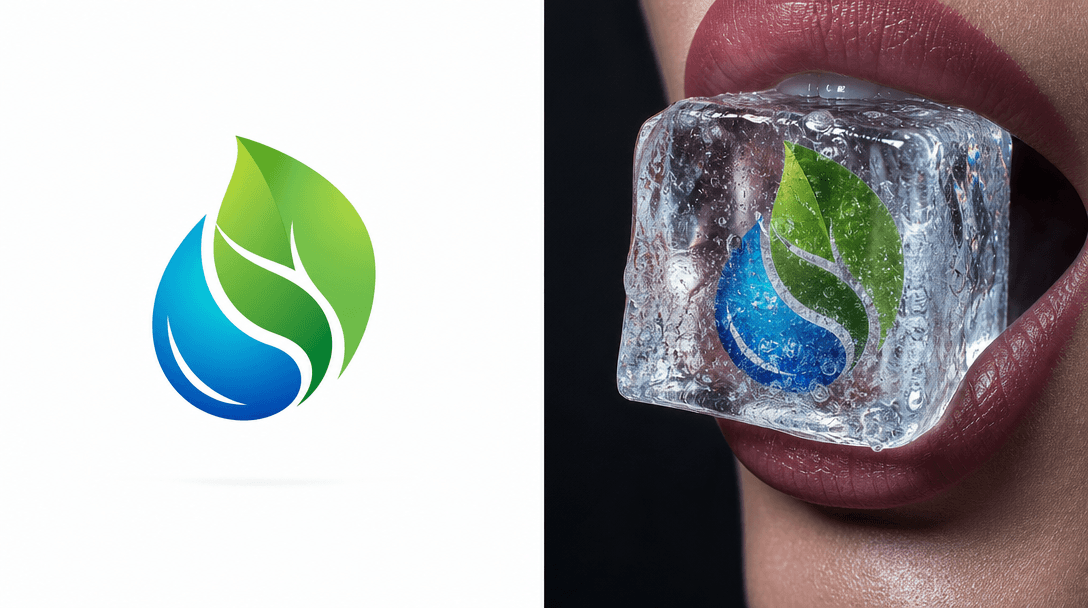 Split-screen: left shows plain logo, right shows logo frozen inside ice cube held by lips, dramatic transformation, prof