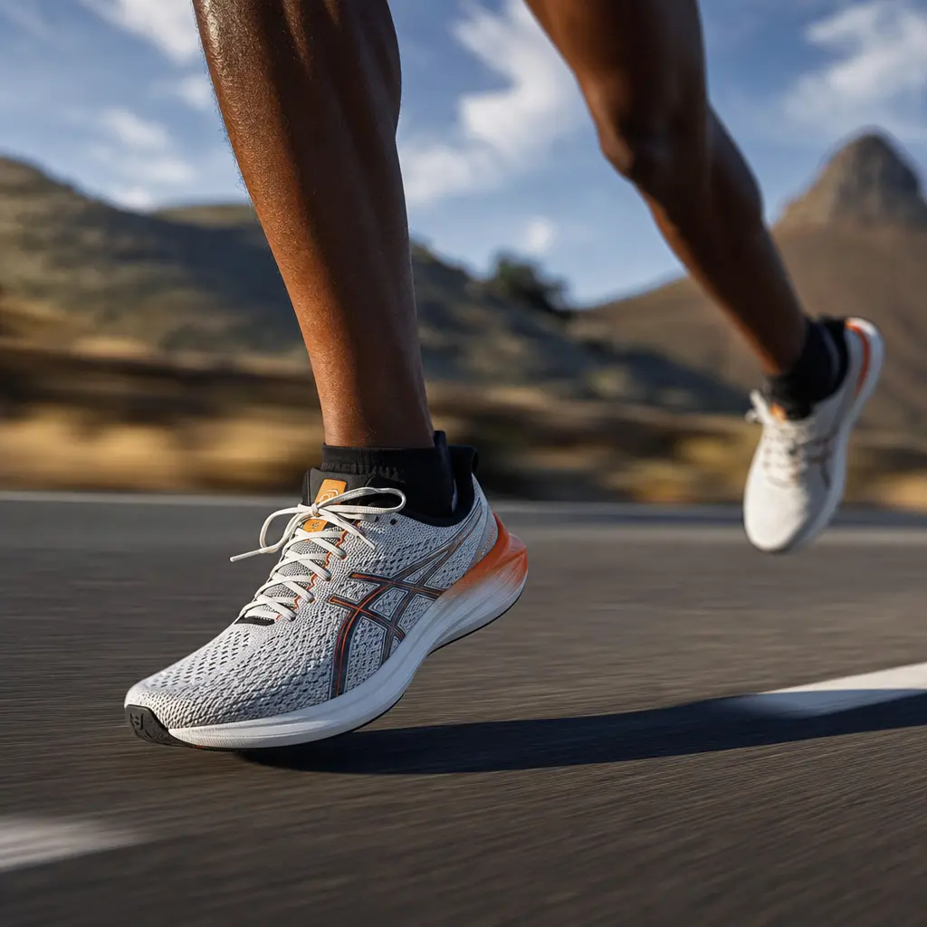 Running shoe on feet in motion blur, athletic outdoor setting. Dynamic cinematic lighting, sport lifestyle context, prof