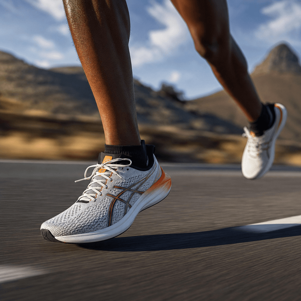 Running shoe on feet in motion blur, athletic outdoor setting. Dynamic cinematic lighting, sport lifestyle context, prof