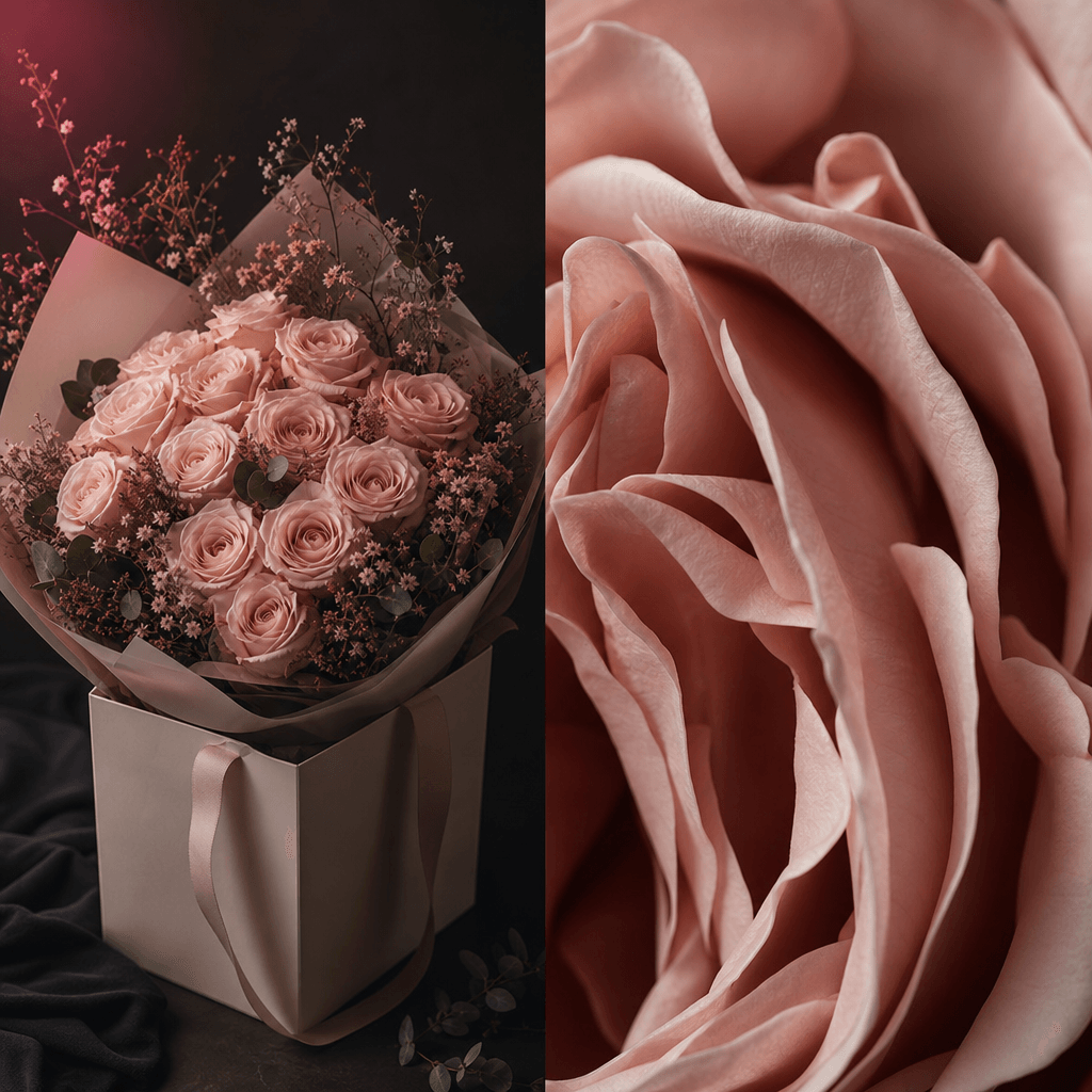 A romantic blush rose bouquet arranged inside a minimal off-white florist bag, paired with an extreme macro view of laye